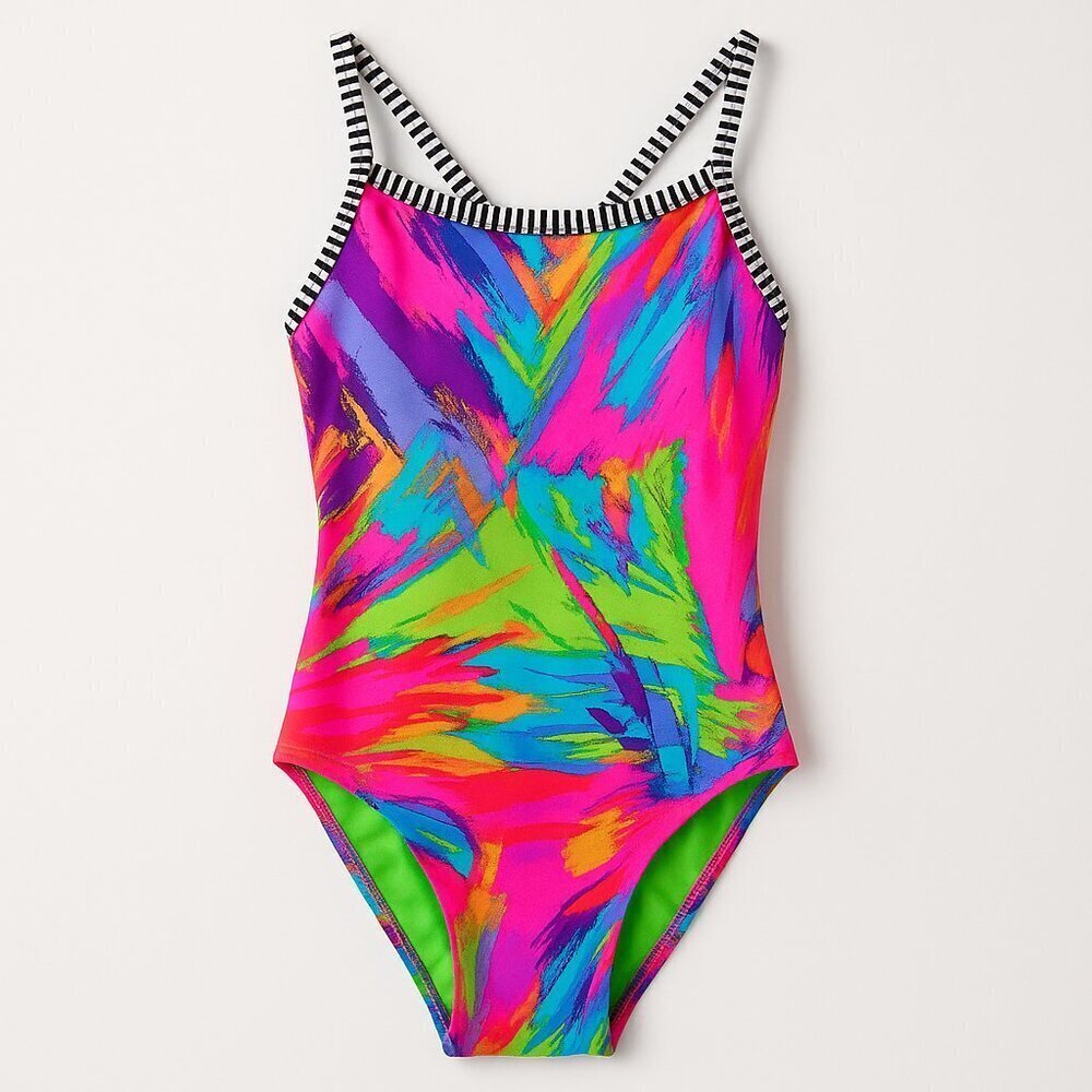 Dolfin Uglies Neon Abstract One Piece Swimsuit Candy Stripe Straps 80s-core 34